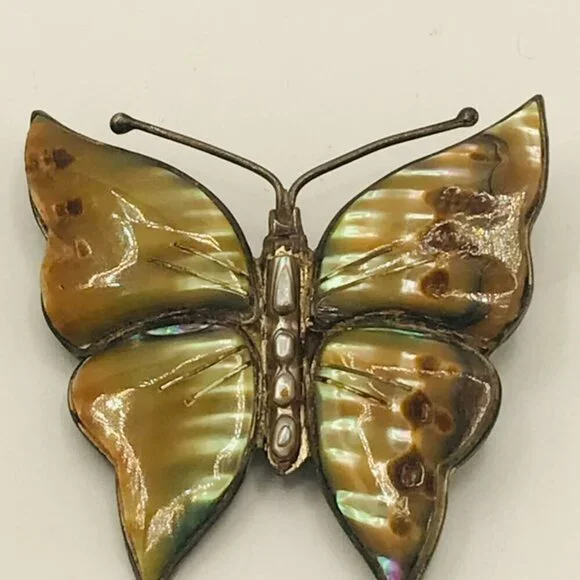 Vintage Sterling Silver and Abalone Shell Butterfly Brooch - Picture 4 of 12